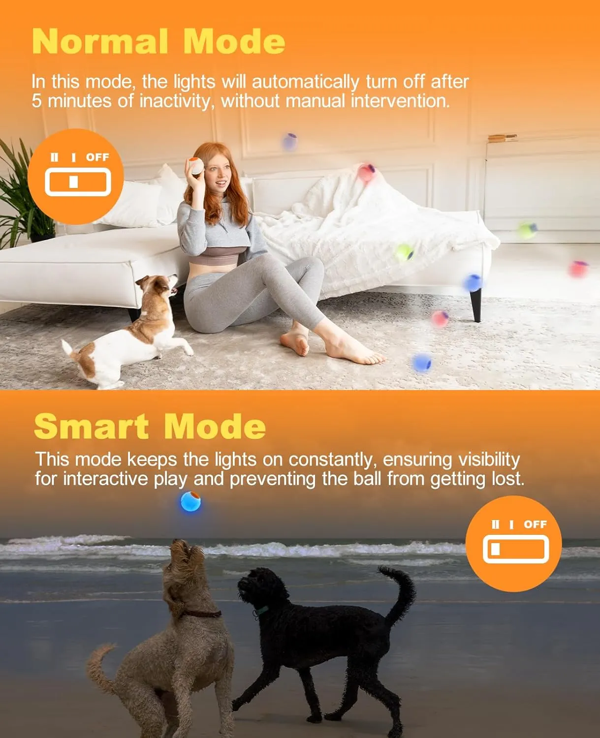 LED Dog Ball Rechargeable, Light Up Dog Ball Toys, Bounce-Activated Durable Fetch Ball, Natural Rubber, Unique Scent, 2.5 inches, for Small & Medium Dogs (Orange)