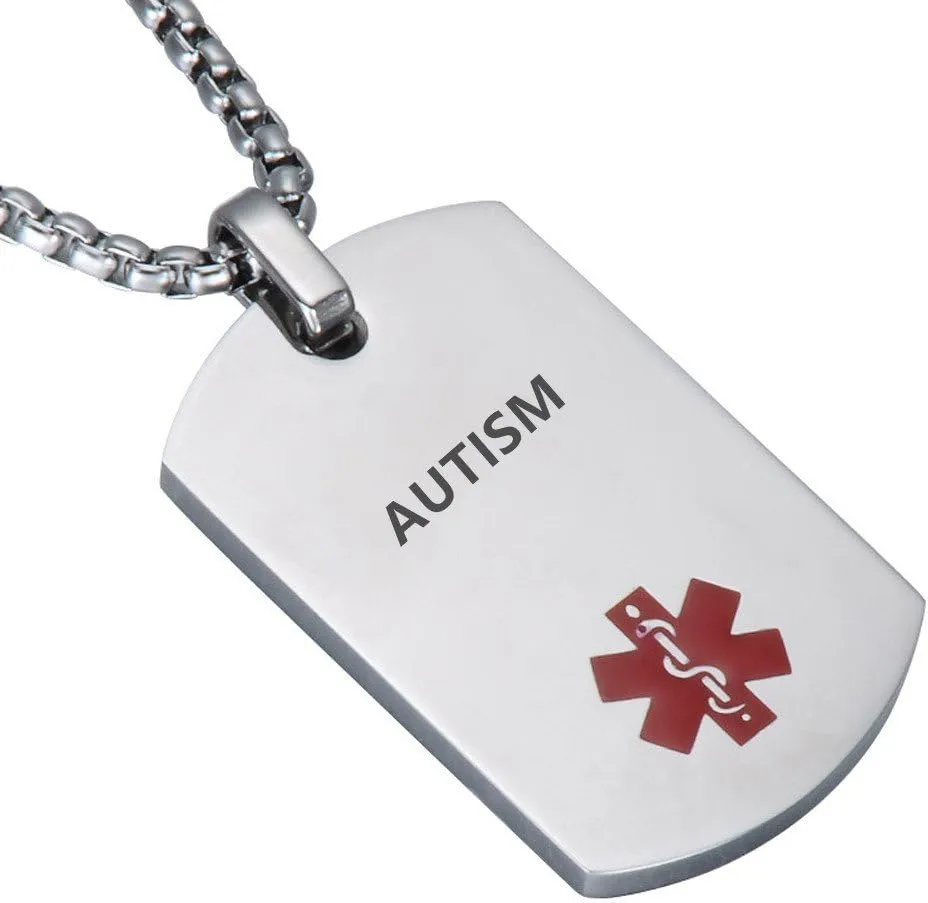 LF Stainless Steel AUTISM Medical Alert Dog Tag ID Pendant Caduceus necklace for Men Women Teens Health Alert Monitoring Systems,Silver