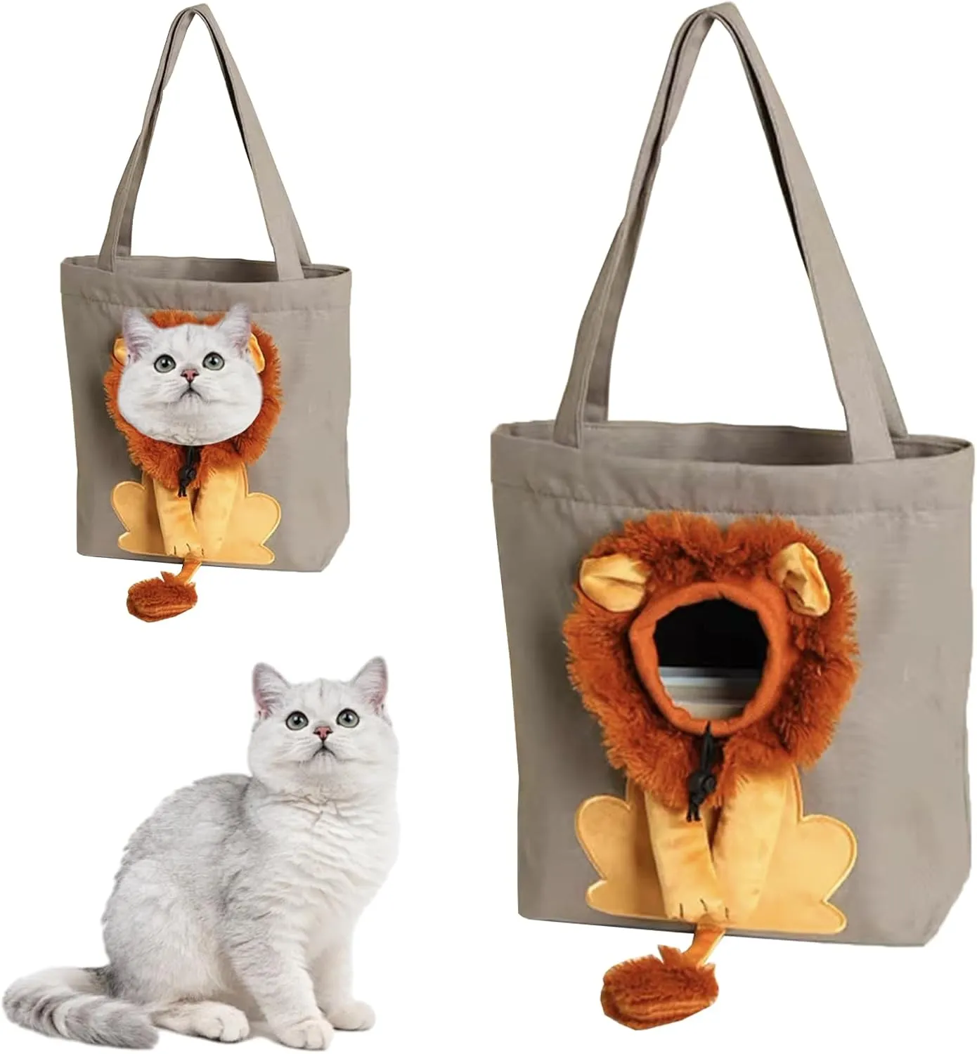Lion-Shaped Pet Canvas Shoulder Bag  Portable Cat & Small Dog Carrier Tote, Cute Breathable Handbag for Outdoor, Shopping & Camping  Light Green (M Size, Fits Pets Under 6lbs) (Gray)