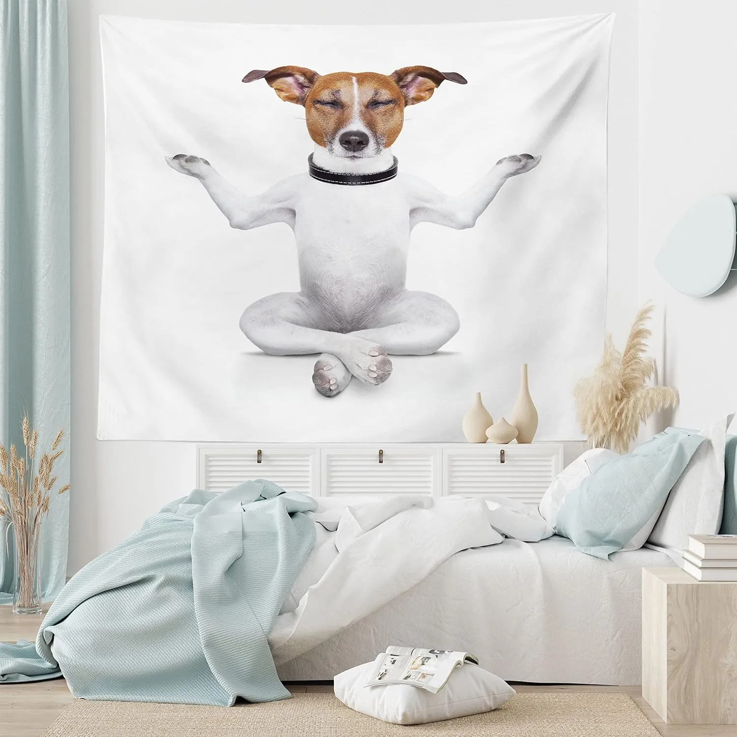 Lunarable Dog Lover Tapestry, Funny Yoga Puppy Sitting Relaxed in Lotus Position Closed Eyes Meditation Fitness Print, Fabric Wall Hanging Decor for Bedroom Living Room Dorm, 28" X 23", White Brown