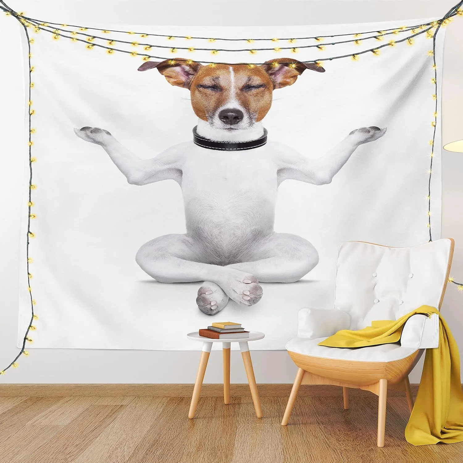 Lunarable Dog Lover Tapestry, Funny Yoga Puppy Sitting Relaxed in Lotus Position Closed Eyes Meditation Fitness Print, Fabric Wall Hanging Decor for Bedroom Living Room Dorm, 28" X 23", White Brown