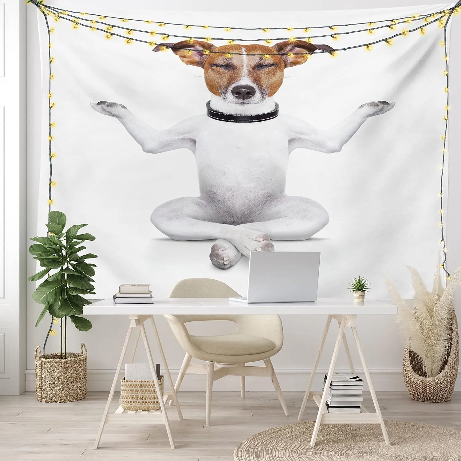 Lunarable Dog Lover Tapestry, Funny Yoga Puppy Sitting Relaxed in Lotus Position Closed Eyes Meditation Fitness Print, Fabric Wall Hanging Decor for Bedroom Living Room Dorm, 28" X 23", White Brown