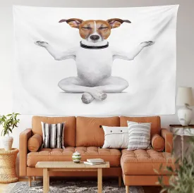 Lunarable Dog Lover Tapestry, Funny Yoga Puppy Sitting Relaxed in Lotus Position Closed Eyes Meditation Fitness Print, Fabric Wall Hanging Decor for Bedroom Living Room Dorm, 28" X 23", White Brown