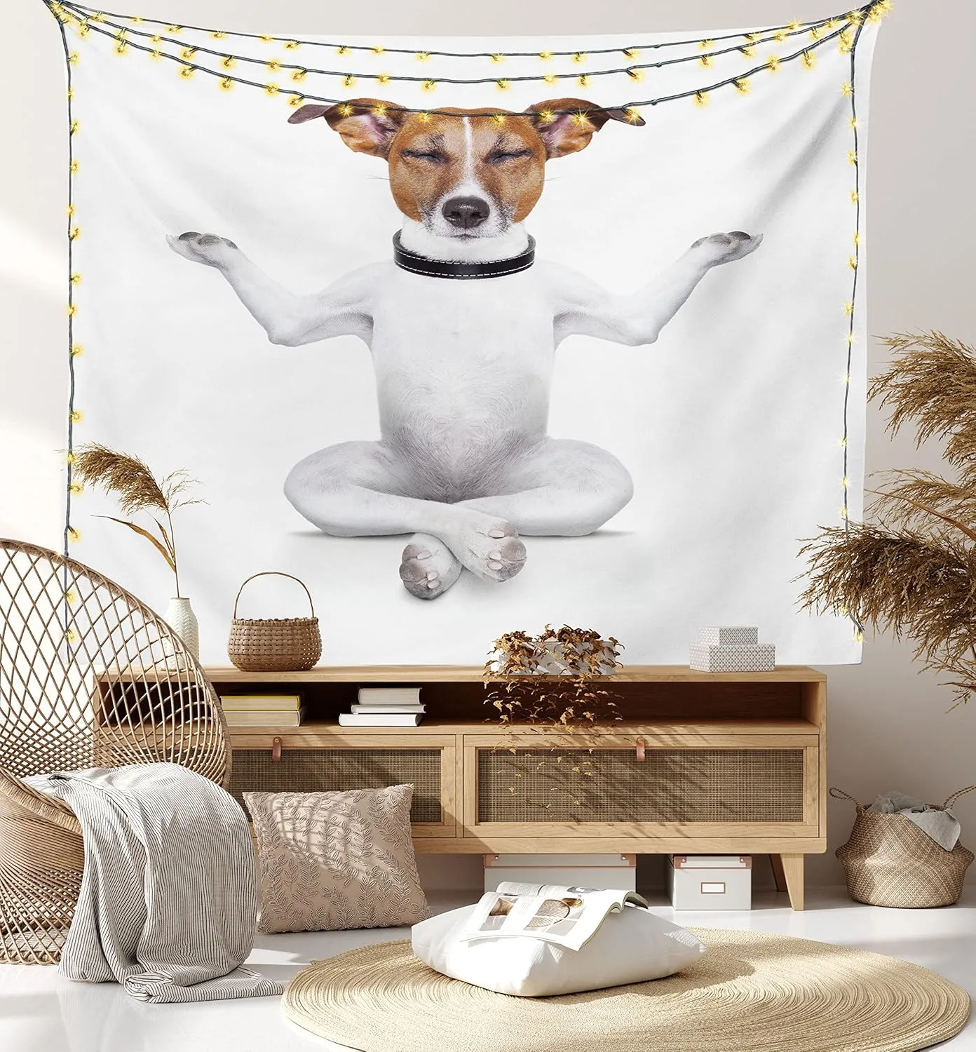 Lunarable Dog Lover Tapestry, Funny Yoga Puppy Sitting Relaxed in Lotus Position Closed Eyes Meditation Fitness Print, Fabric Wall Hanging Decor for Bedroom Living Room Dorm, 28" X 23", White Brown