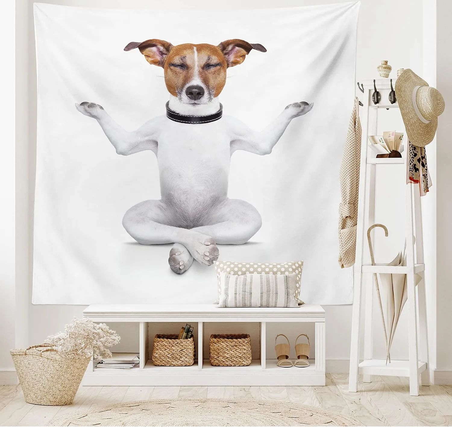 Lunarable Dog Lover Tapestry, Funny Yoga Puppy Sitting Relaxed in Lotus Position Closed Eyes Meditation Fitness Print, Fabric Wall Hanging Decor for Bedroom Living Room Dorm, 28" X 23", White Brown