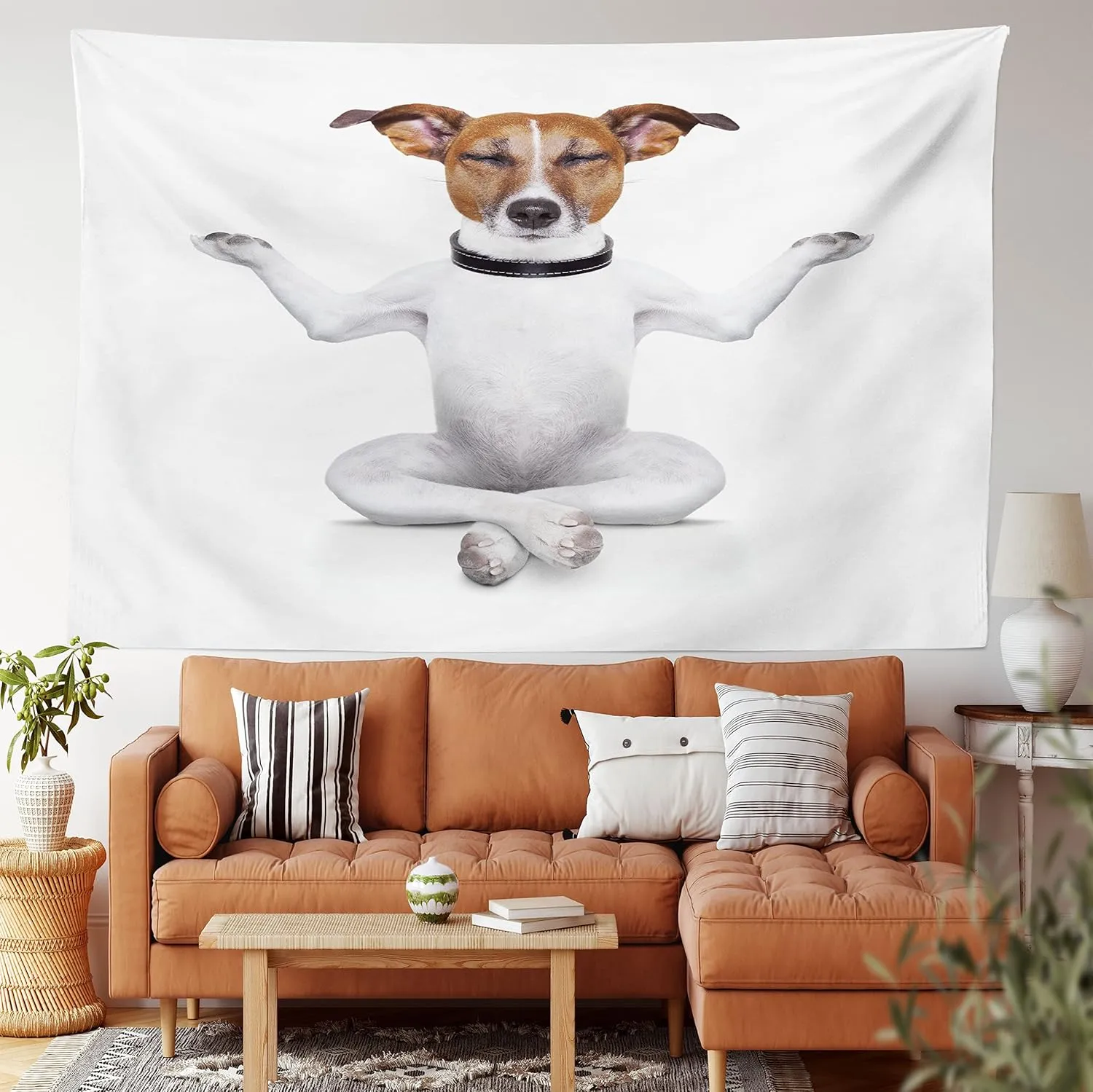 Lunarable Dog Lover Tapestry, Funny Yoga Puppy Sitting Relaxed in Lotus Position Closed Eyes Meditation Fitness Print, Fabric Wall Hanging Decor for Bedroom Living Room Dorm, 28" X 23", White Brown