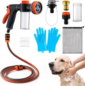 MALLMALL6 Dog Washing Hose Attachment with Pet Grooming Glove & 2 Soap Dispenser, 10-in-1 Spray Modes Foam Nozzle Sprayer with 8.2Ft Pup Washer Hose for Showering Pets Car Wash Watering Flowers