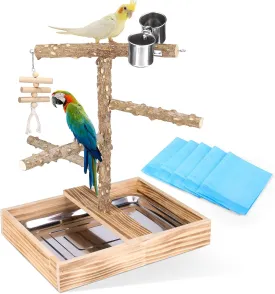 MCEAST Bird Perch Natural Wood Stand Parrot Toys Playground 15 x 11 x 17 Inch Tree Perch Play Platform with Removable Tray, 5 Liners and 2 Stainless Steel Cups Bird Cage Accessory for Parakeet Canarie