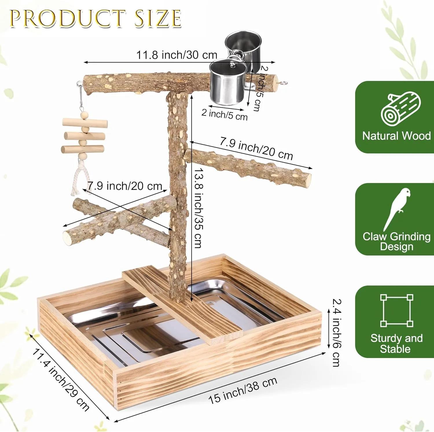 MCEAST Bird Perch Natural Wood Stand Parrot Toys Playground 15 x 11 x 17 Inch Tree Perch Play Platform with Removable Tray, 5 Liners and 2 Stainless Steel Cups Bird Cage Accessory for Parakeet Canarie