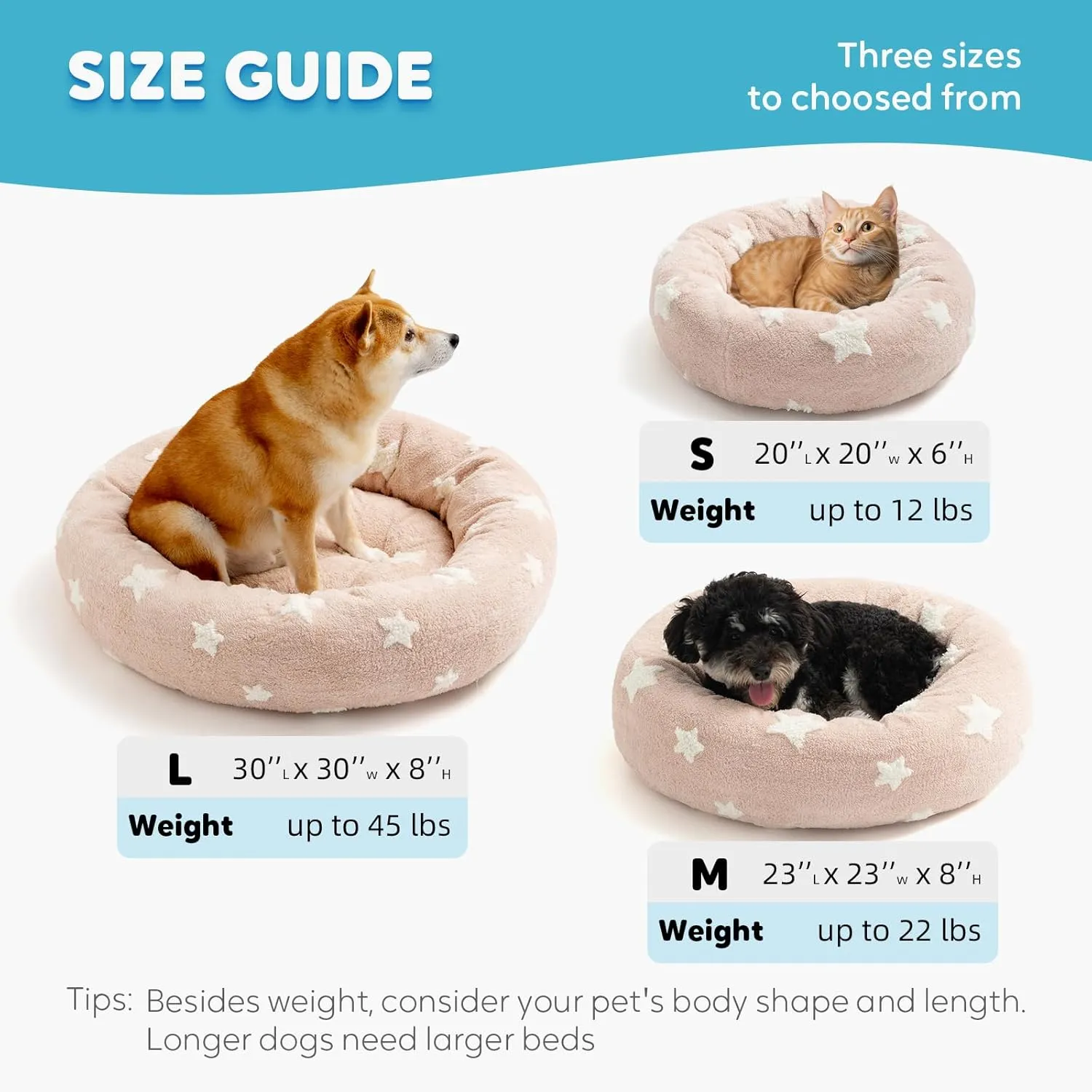 Mora Pets Donut Medium Sized Dog Bed - Round Dog Pet Bed with Washable Removable Cover, Cute Star Calming Fluffy Circle Pet Bed Anti-Anxiety for Puppy Cat, Pink 30"