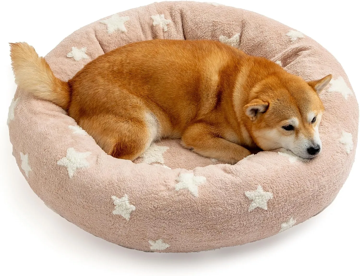 Mora Pets Donut Medium Sized Dog Bed - Round Dog Pet Bed with Washable Removable Cover, Cute Star Calming Fluffy Circle Pet Bed Anti-Anxiety for Puppy Cat, Pink 30"