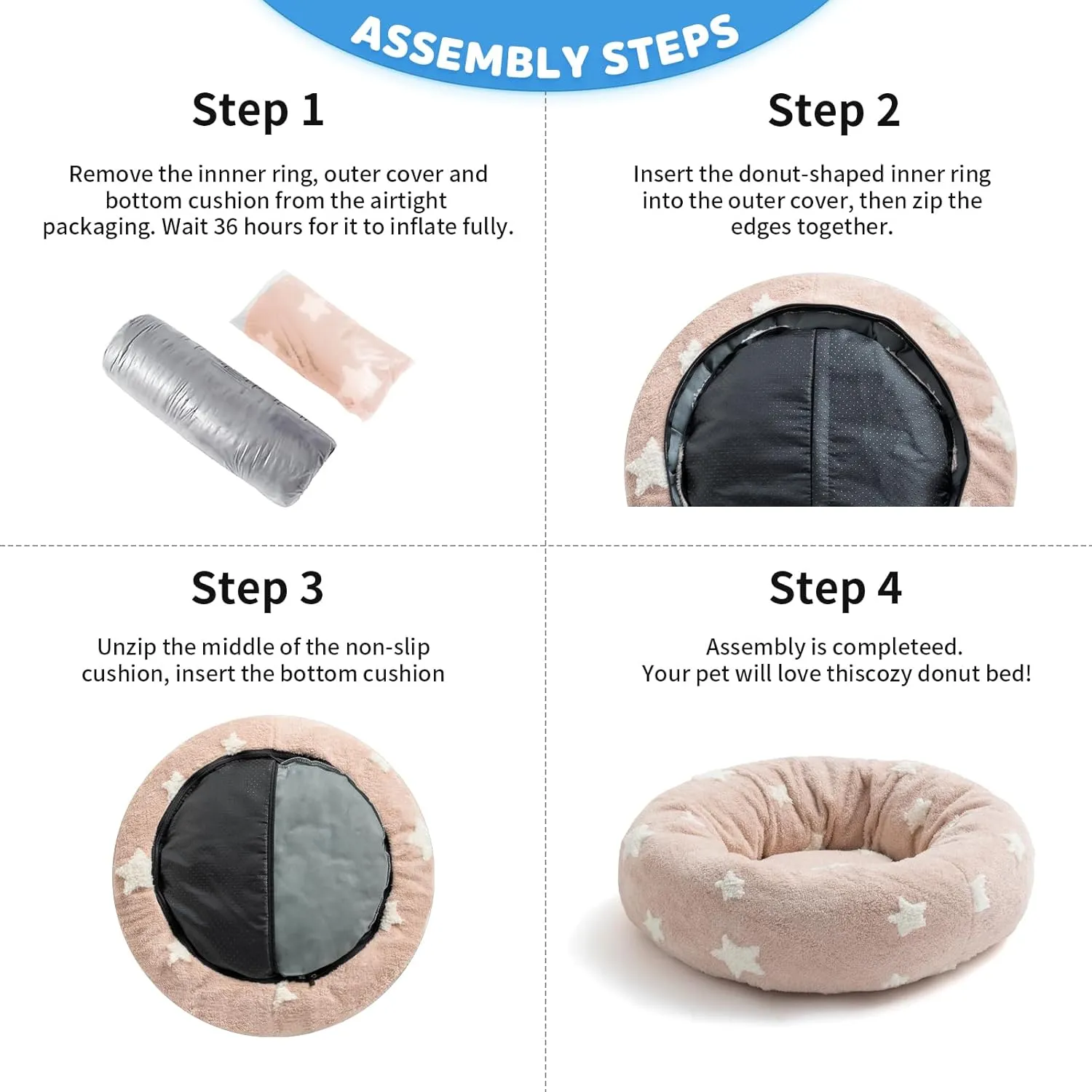 Mora Pets Donut Medium Sized Dog Bed - Round Dog Pet Bed with Washable Removable Cover, Cute Star Calming Fluffy Circle Pet Bed Anti-Anxiety for Puppy Cat, Pink 30"