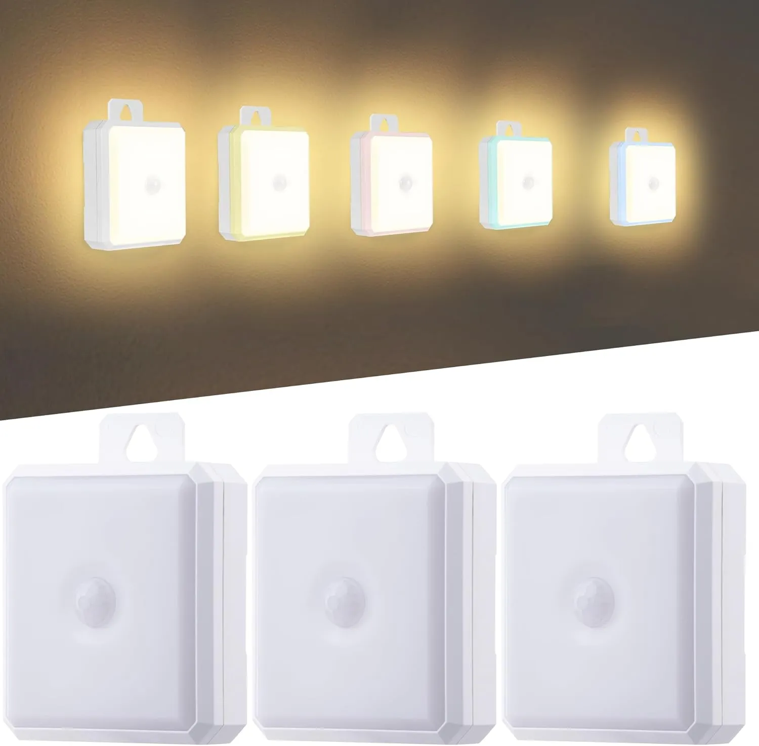 Motion Sensor Night Light Indoor - Cordless Battery Powered Under Cabinet Lighting, Stick-on Magnet LED Closet Lights, Safe Light for Stairs, 4000K Nightlight 3-Pack (White)