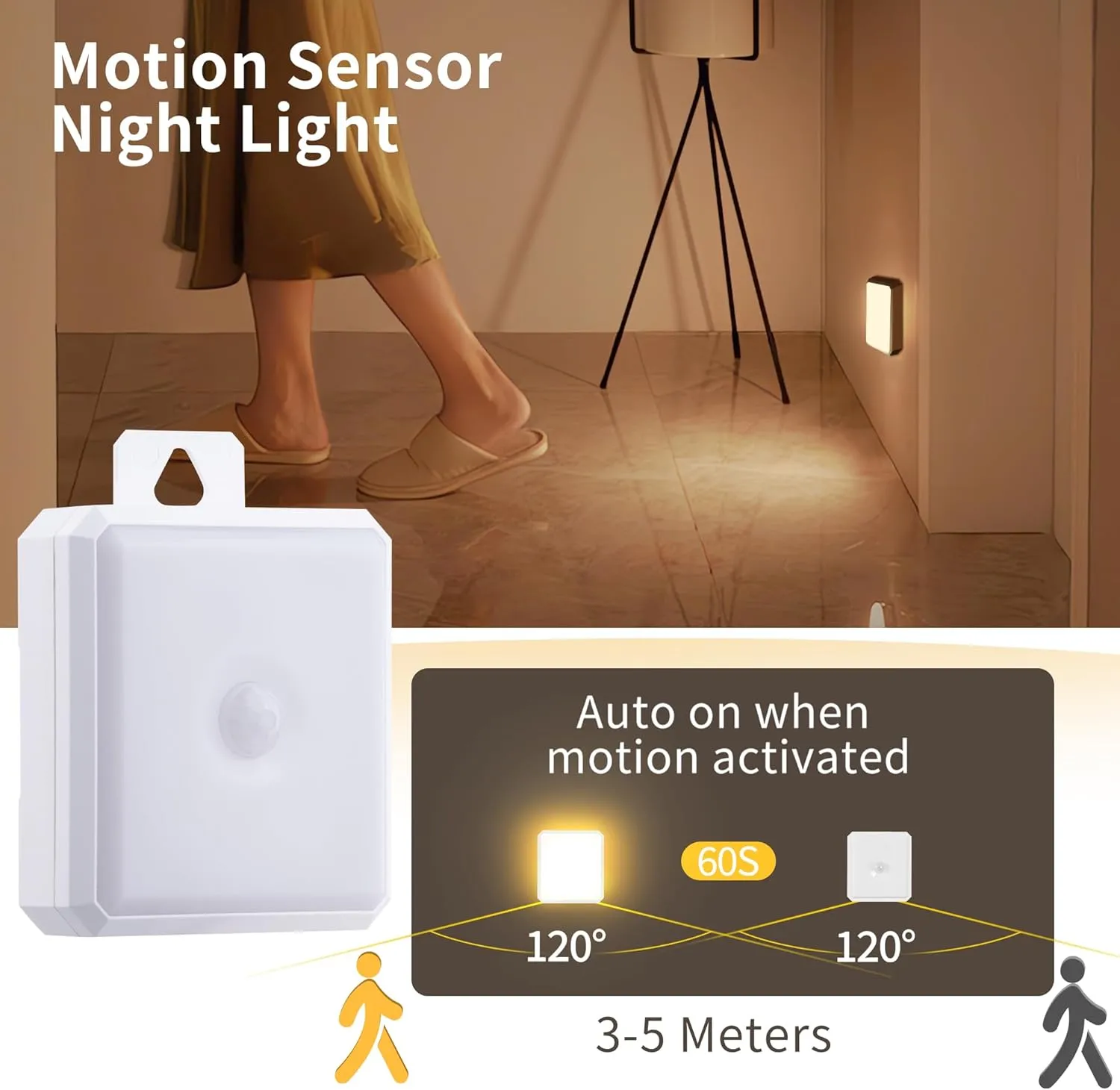 Motion Sensor Night Light Indoor - Cordless Battery Powered Under Cabinet Lighting, Stick-on Magnet LED Closet Lights, Safe Light for Stairs, 4000K Nightlight 3-Pack (White)