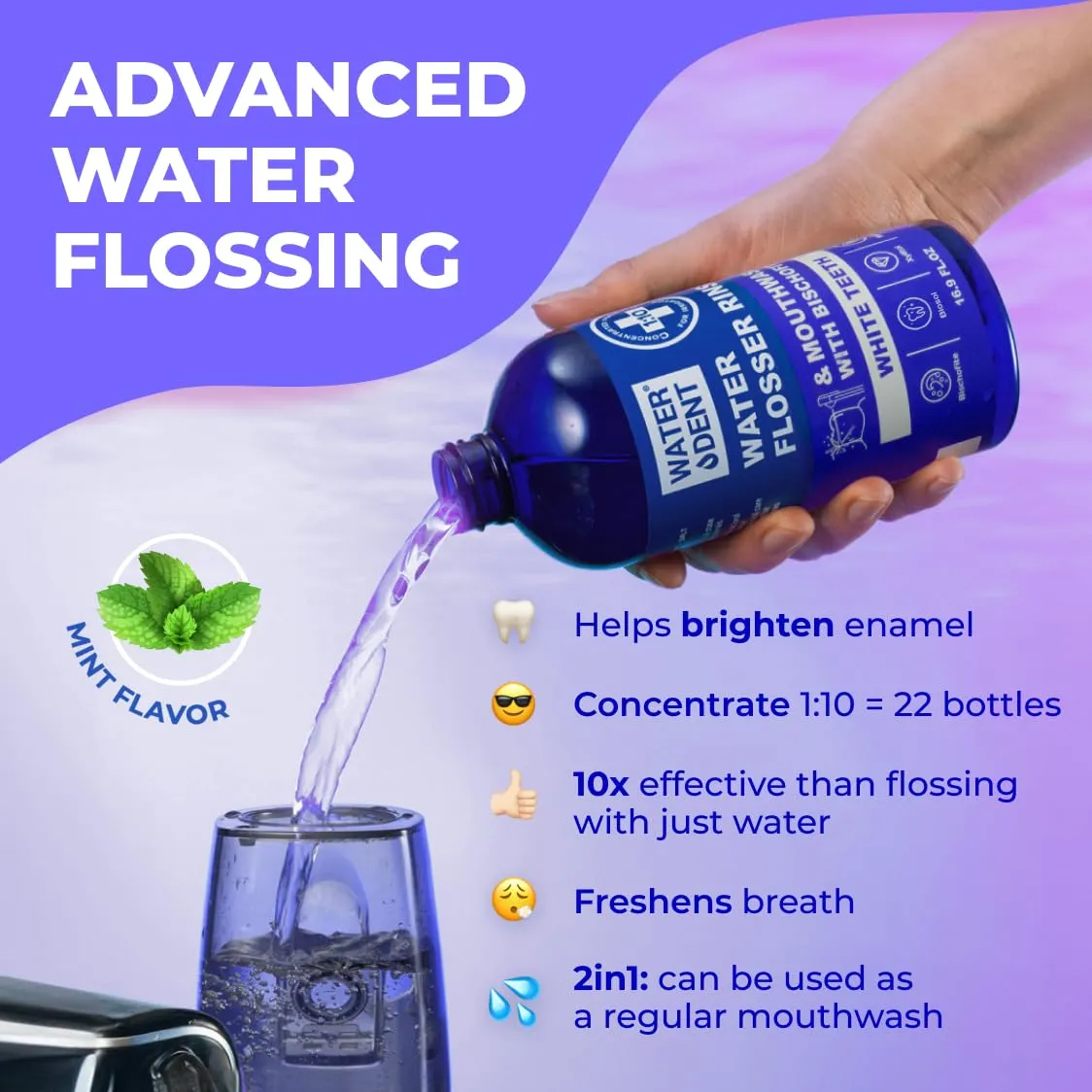 oncentrated Irrigant | Mouthwash for Water flosser Teeth WHITENING | Add to Water Flossers| Fruit Flavor | When dilluted 16.9 fl.oz = 186 fl.oz | Peroxide Free. Made in USA