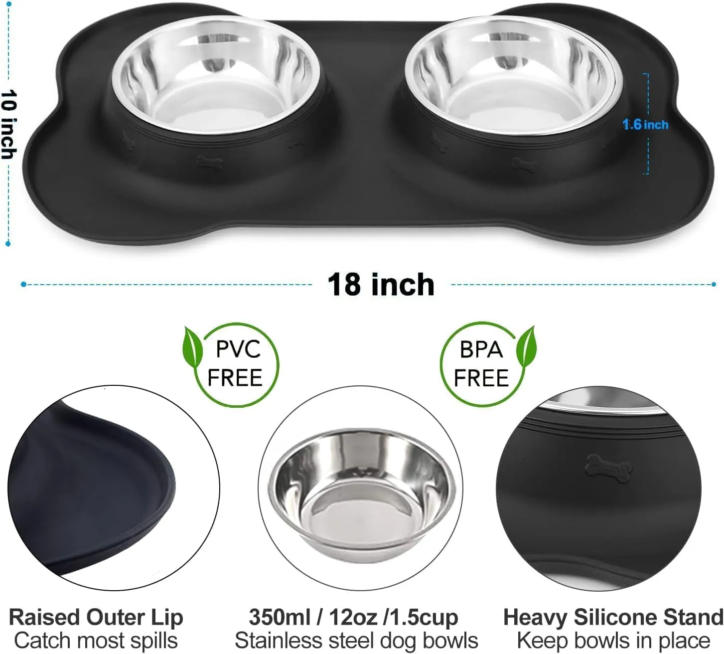 Pet Deluxe Dog Bowls Stainless Steel Bowls with No Spill Skid Resistant Silicone Mat, 24oz 48oz Dog Food and Water Bowl Set Feeder for Small Medium Large Size,Dogs,Cats Pets Puppy Dish