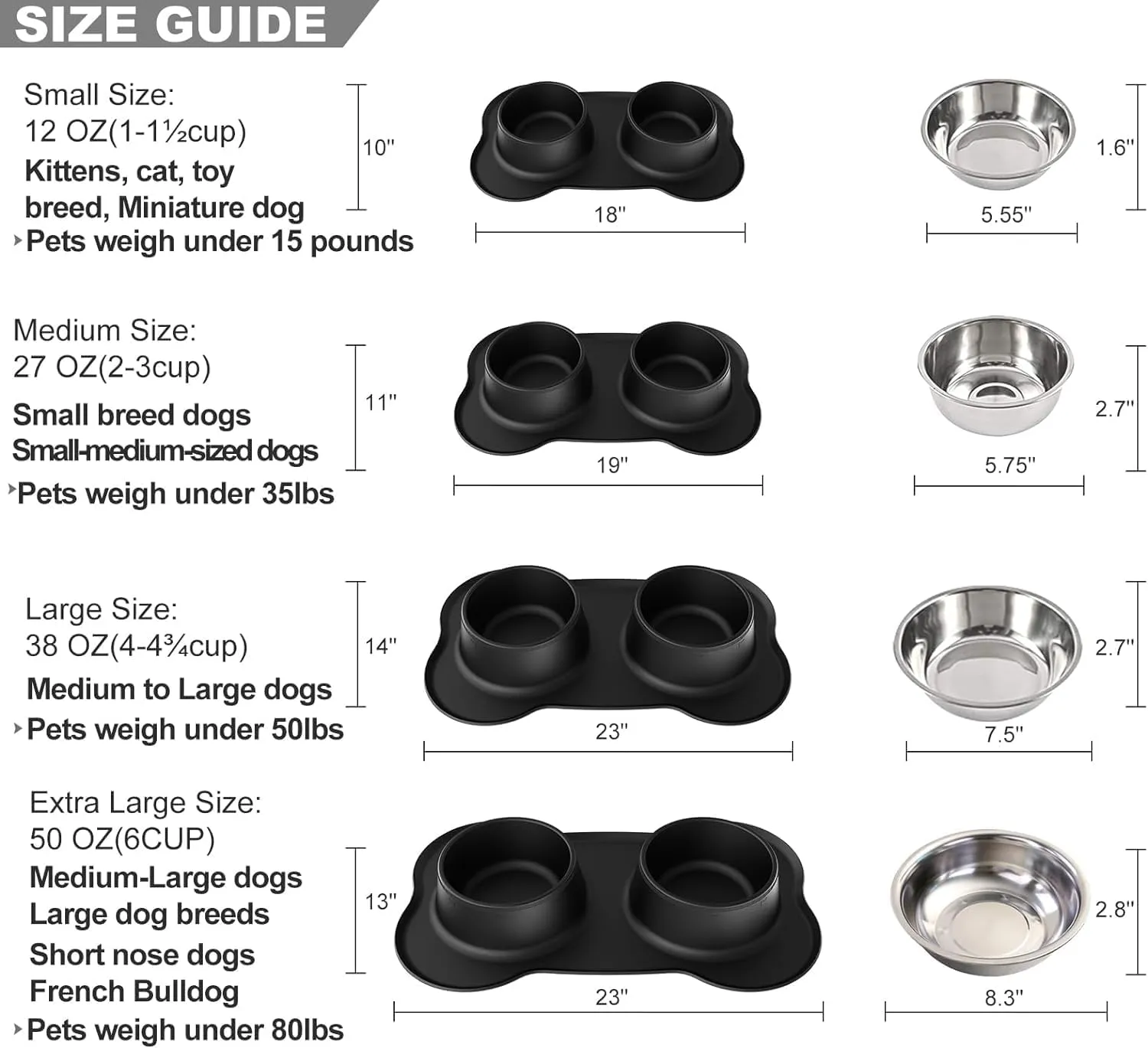 Pet Deluxe Dog Bowls Stainless Steel Bowls with No Spill Skid Resistant Silicone Mat, 24oz 48oz Dog Food and Water Bowl Set Feeder for Small Medium Large Size,Dogs,Cats Pets Puppy Dish