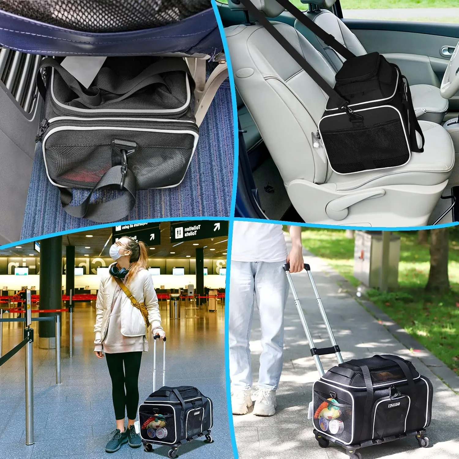 Petskd Top-Expandable Pet Carrier with Wheels 17x11x9.5 Inches Alaska Airline Approved, Soft-Sided Carrier for Small Cats Dogs with Locking Safety Zippers and Anti-Scratch Mesh(Black)