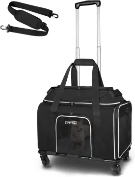 Petskd Top-Expandable Pet Carrier with Wheels 17x11x9.5 Inches Alaska Airline Approved, Soft-Sided Carrier for Small Cats Dogs with Locking Safety Zippers and Anti-Scratch Mesh(Black)