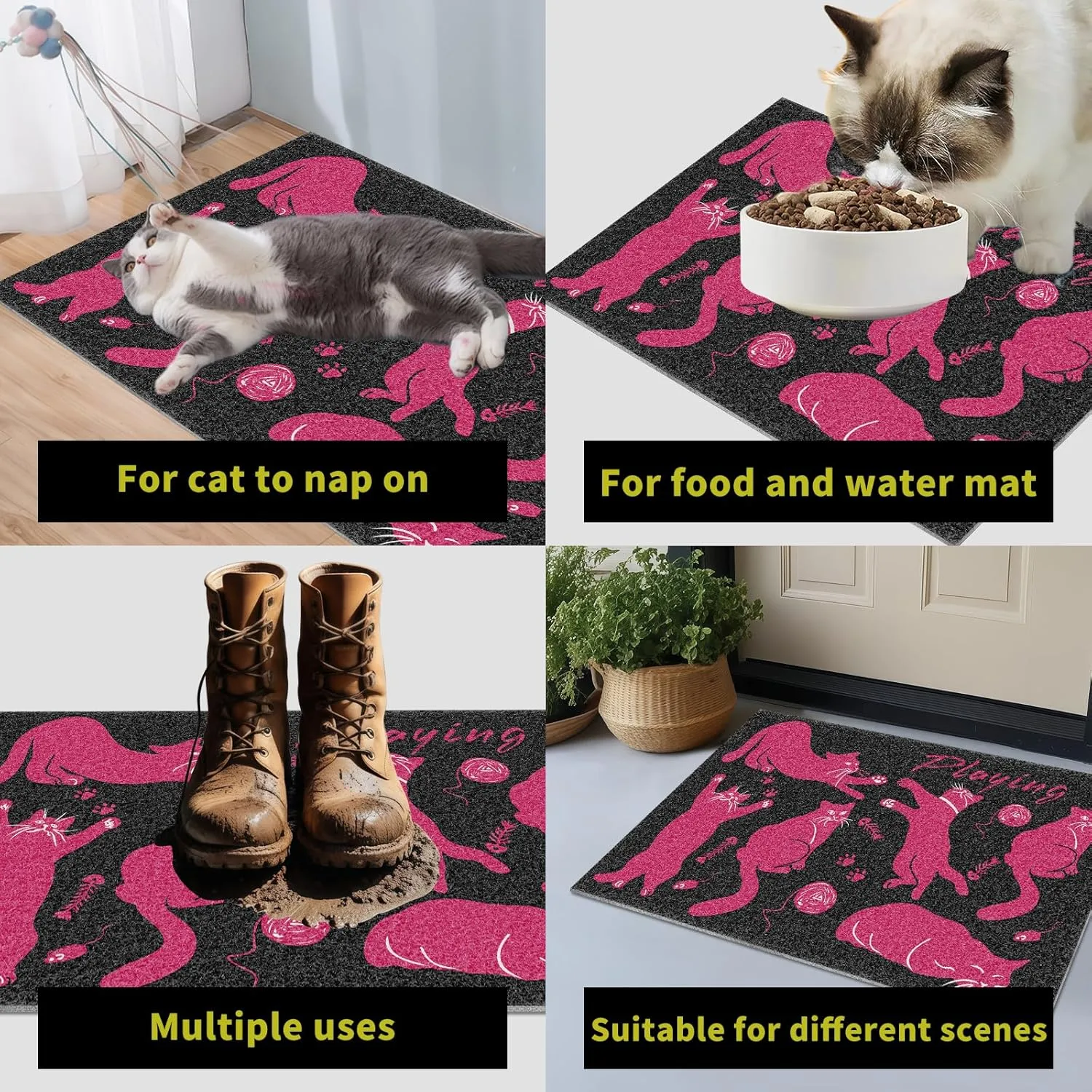 Pink Cat Litter Mat,24x16 Inch - Easy Clean, Anti Slip Trapping Mat for Cat Litter Box & Kitty Litter, Washable, Cute Small Rug for Litter Catching, Indoor Cat Accessories, Black and Pink