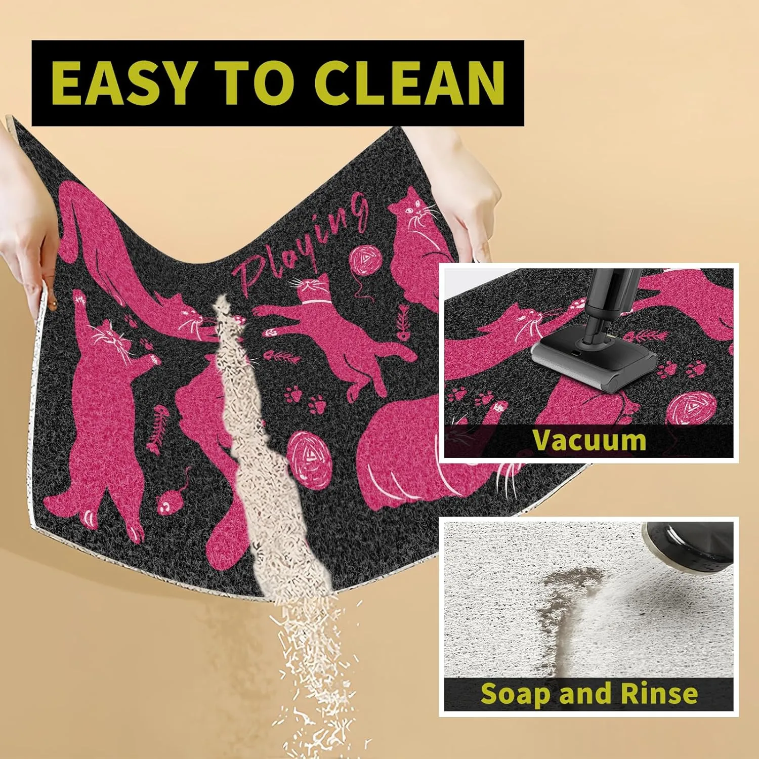 Pink Cat Litter Mat,24x16 Inch - Easy Clean, Anti Slip Trapping Mat for Cat Litter Box & Kitty Litter, Washable, Cute Small Rug for Litter Catching, Indoor Cat Accessories, Black and Pink