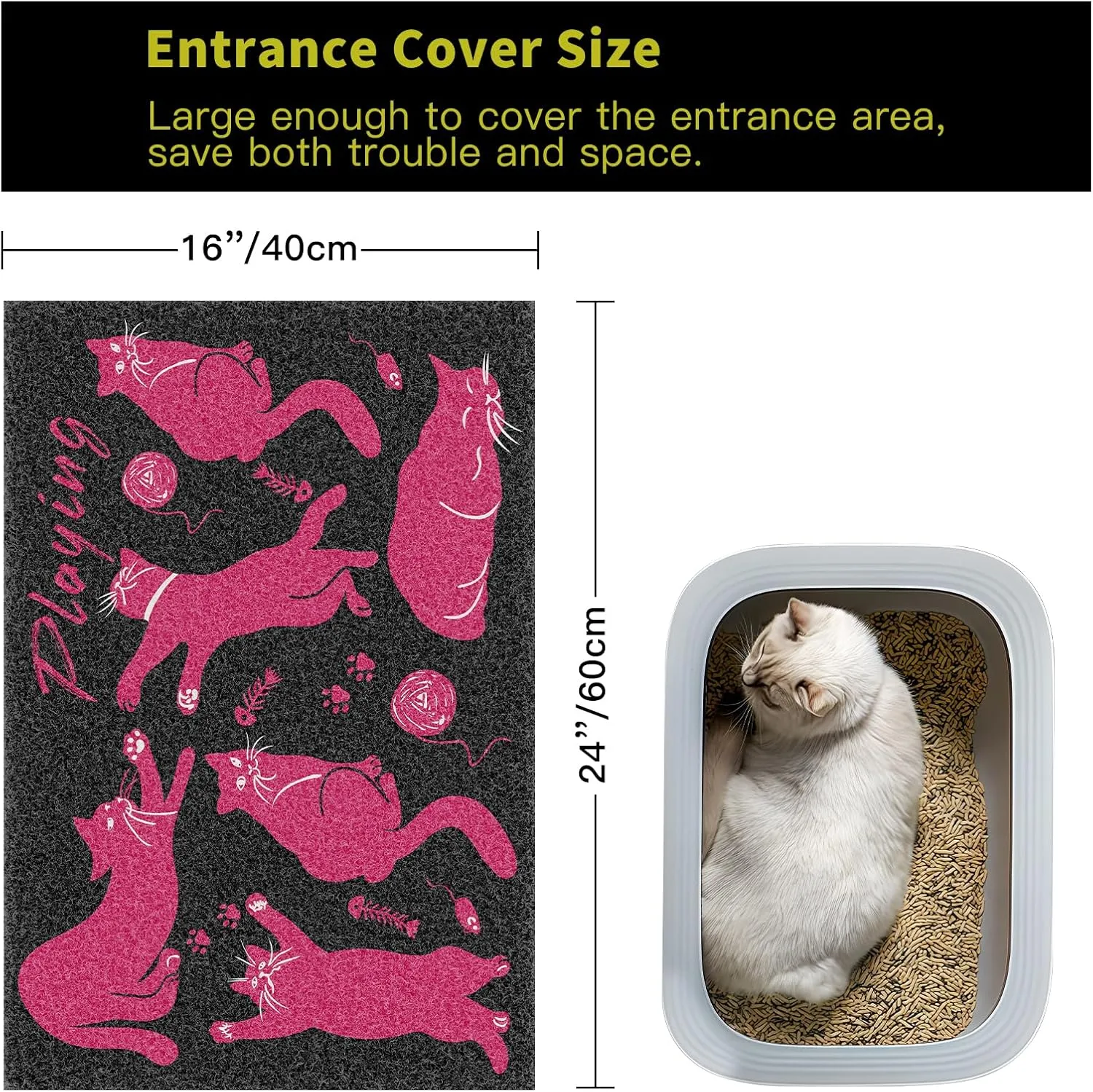 Pink Cat Litter Mat,24x16 Inch - Easy Clean, Anti Slip Trapping Mat for Cat Litter Box & Kitty Litter, Washable, Cute Small Rug for Litter Catching, Indoor Cat Accessories, Black and Pink