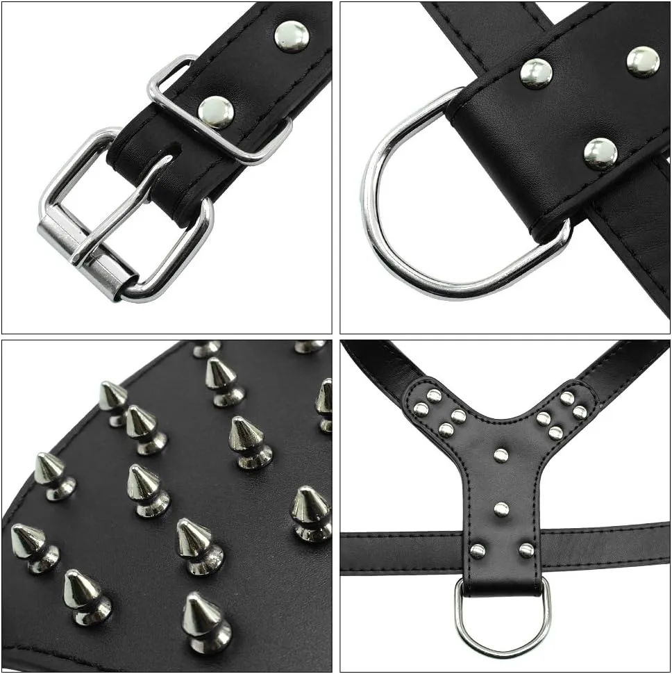 Serijoars Leather Spiked Dog Harness and Collar Set - Suitable for Large Breeds Pit Bull Terriers, Labradors, Dobermans - Durable Leather Harness and Collar Leash 3Pcs Set (Studs Hot Pink, L)