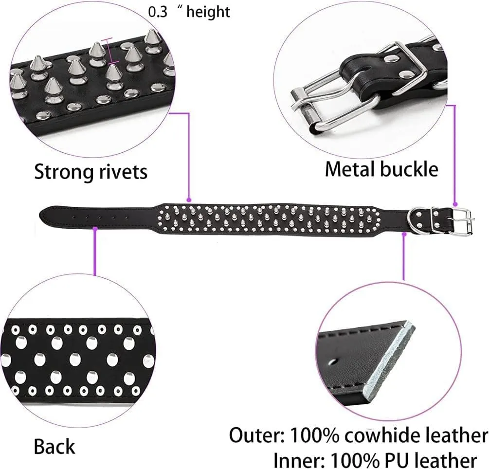 Serijoars Leather Spiked Dog Harness and Collar Set - Suitable for Large Breeds Pit Bull Terriers, Labradors, Dobermans - Durable Leather Harness and Collar Leash 3Pcs Set (Studs Hot Pink, L)