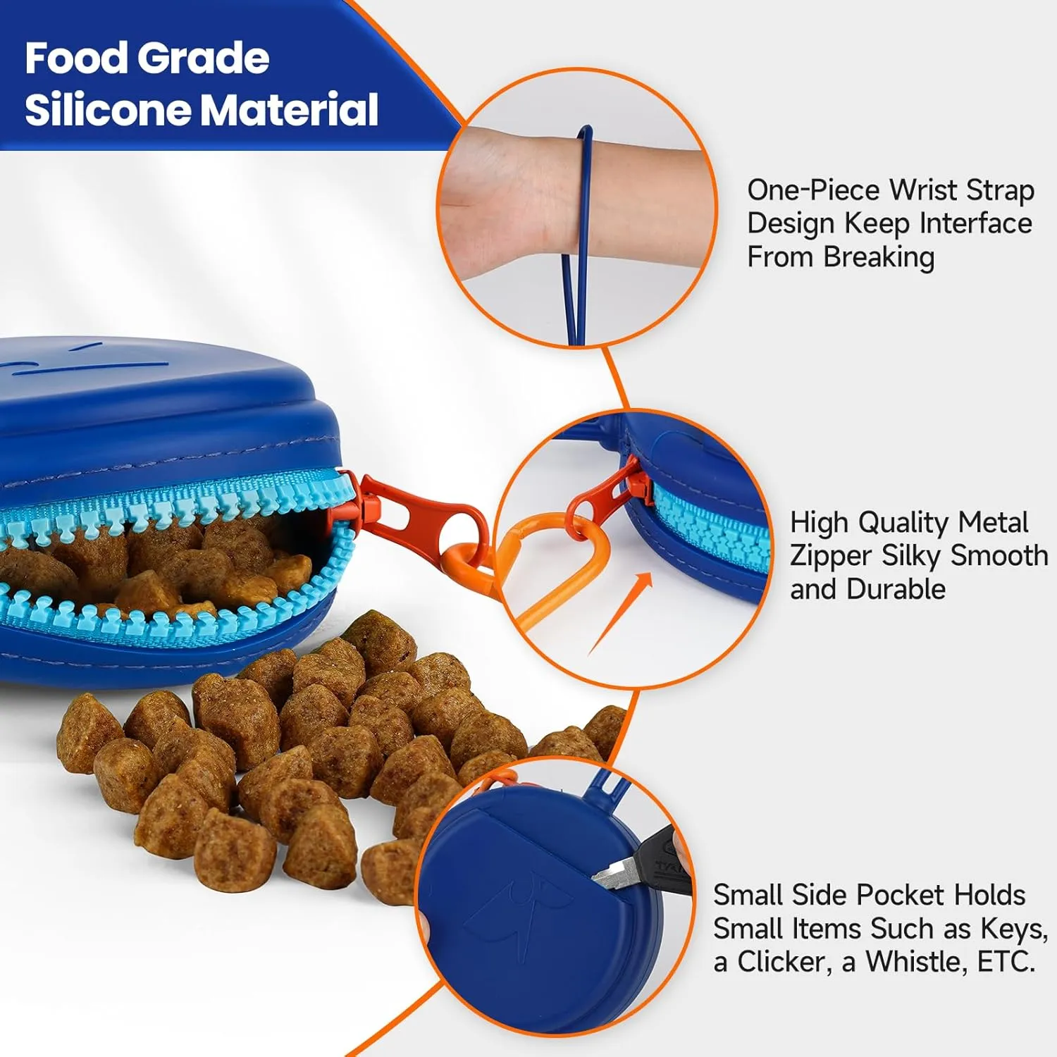 Small Silicone Dog Treat Pouch with Pet Training Clicker 2Pack, Durable Metal Zipper, Integrated Strap, Mini Portable Size, Easy to Clean, Odorless, Travel Walking Bag for Leash (Black & Blue)