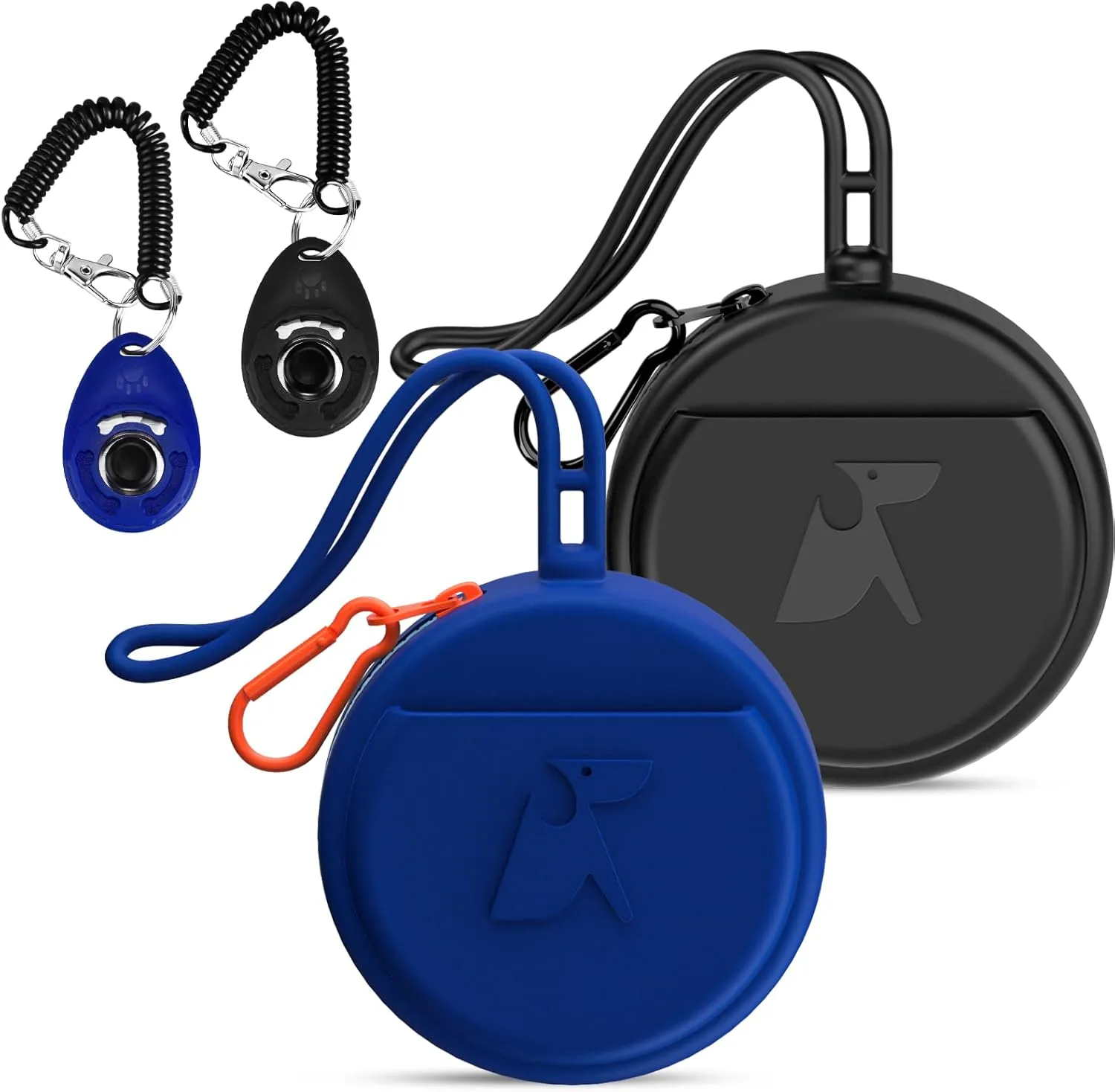 Small Silicone Dog Treat Pouch with Pet Training Clicker 2Pack, Durable Metal Zipper, Integrated Strap, Mini Portable Size, Easy to Clean, Odorless, Travel Walking Bag for Leash (Black & Blue)