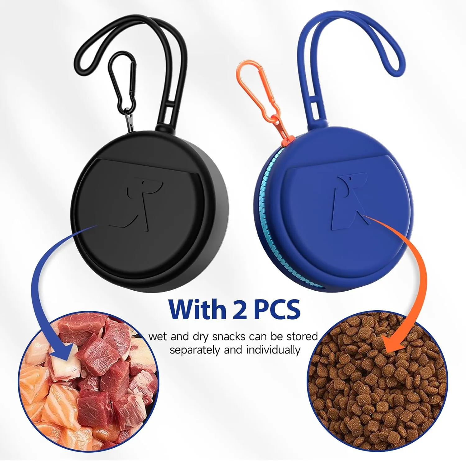 Small Silicone Dog Treat Pouch with Pet Training Clicker 2Pack, Durable Metal Zipper, Integrated Strap, Mini Portable Size, Easy to Clean, Odorless, Travel Walking Bag for Leash (Black & Blue)