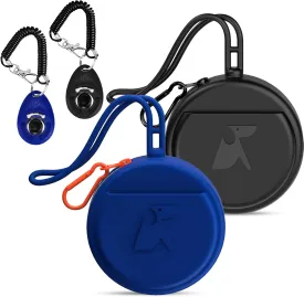 Small Silicone Dog Treat Pouch with Pet Training Clicker 2Pack, Durable Metal Zipper, Integrated Strap, Mini Portable Size, Easy to Clean, Odorless, Travel Walking Bag for Leash (Black & Blue)