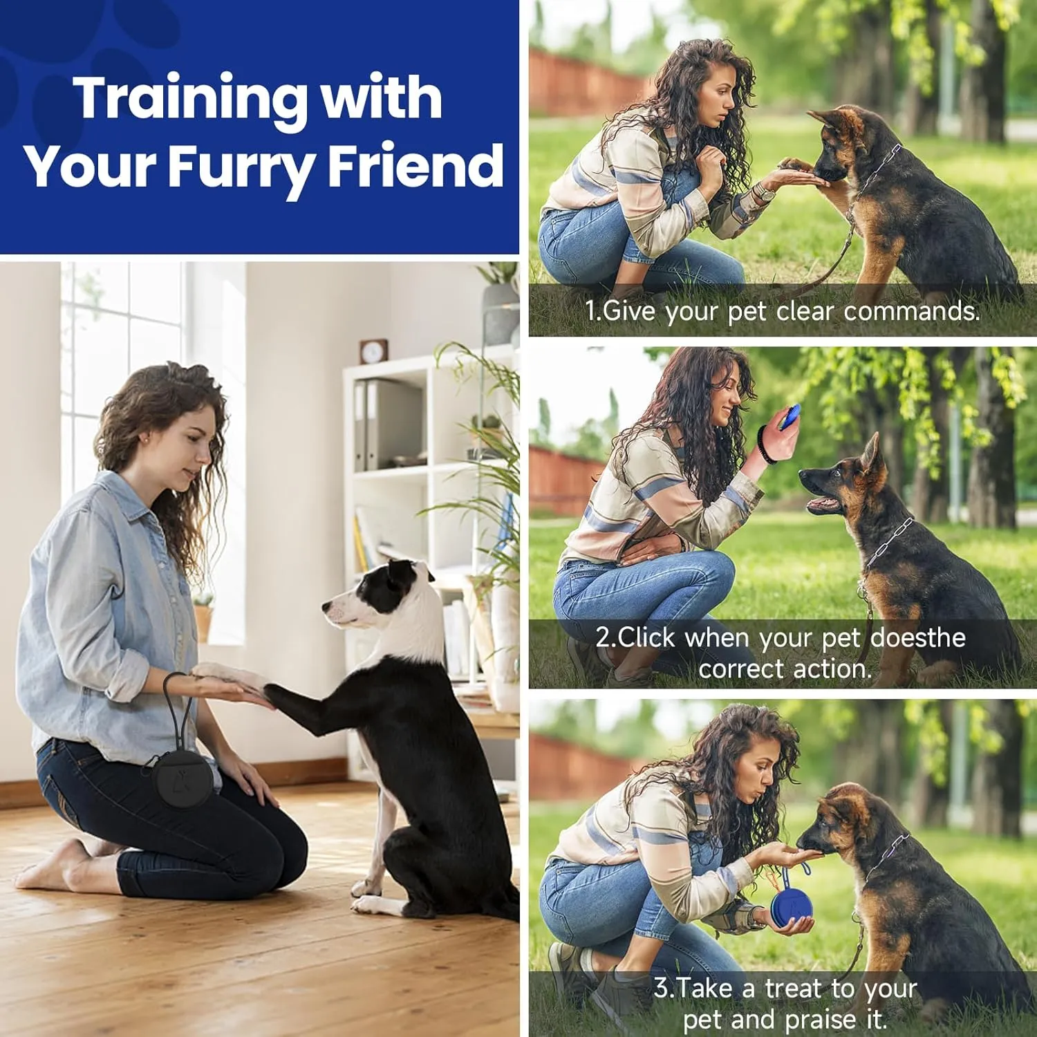 Small Silicone Dog Treat Pouch with Pet Training Clicker 2Pack, Durable Metal Zipper, Integrated Strap, Mini Portable Size, Easy to Clean, Odorless, Travel Walking Bag for Leash (Black & Blue)