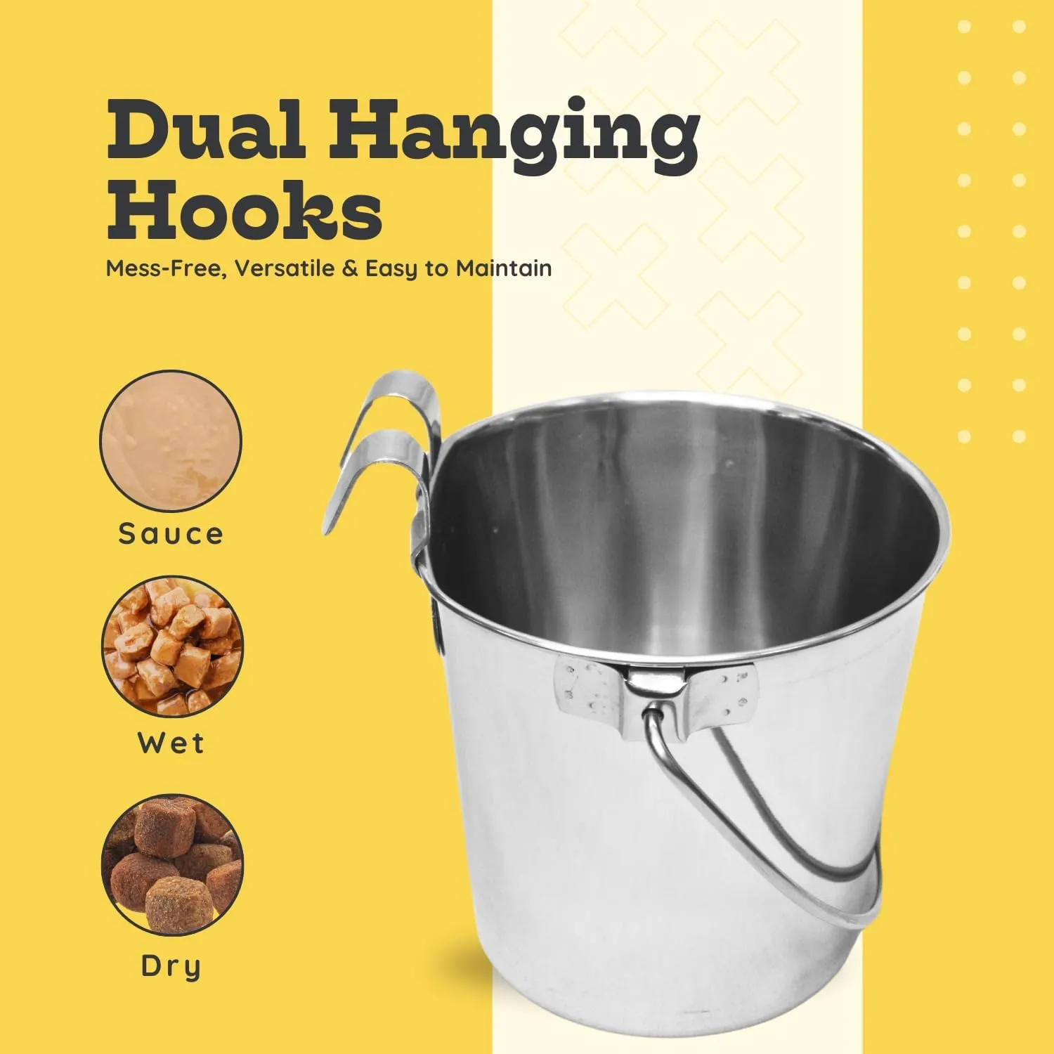 Stainless Steel 2 Qt Dual Hooks Flat Back Sided Pails - Dogs, Cats, Birds Food & Water Wall Hanging Bucket | Kennel, Cage, Critters & Crates | Multi Purpose Pet Pail (0.5 Gallon)