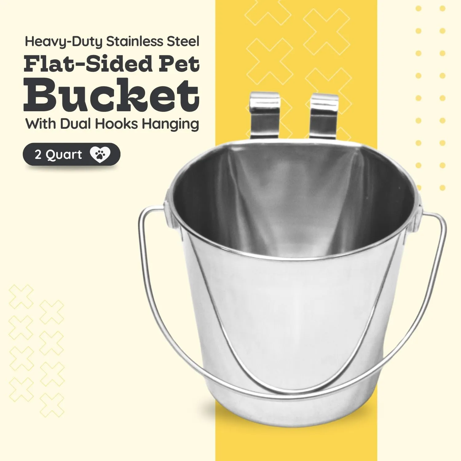 Stainless Steel 2 Qt Dual Hooks Flat Back Sided Pails - Dogs, Cats, Birds Food & Water Wall Hanging Bucket | Kennel, Cage, Critters & Crates | Multi Purpose Pet Pail (0.5 Gallon)