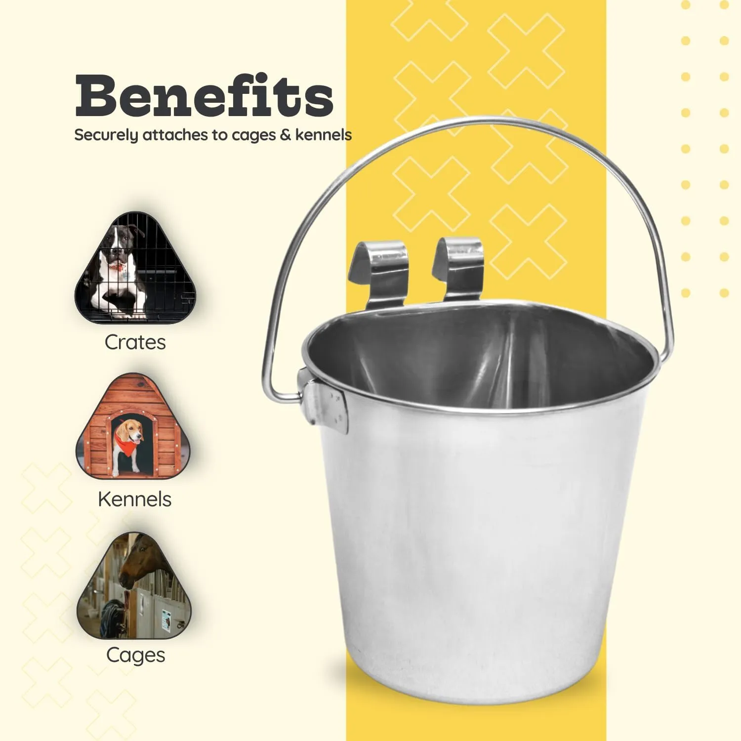 Stainless Steel 2 Qt Dual Hooks Flat Back Sided Pails - Dogs, Cats, Birds Food & Water Wall Hanging Bucket | Kennel, Cage, Critters & Crates | Multi Purpose Pet Pail (0.5 Gallon)