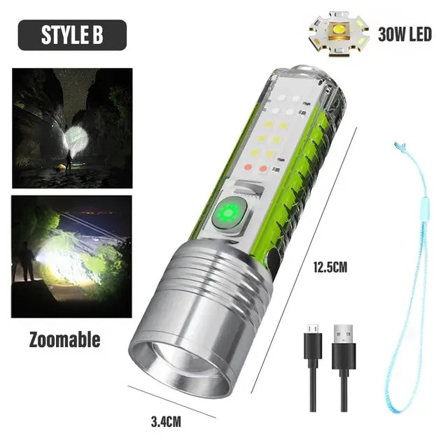 Super Bright LED Flashlight With White/red/blue/purple Side Light Strong Magnets 30W LED Wick Lighting USB Rechargeable Lamp