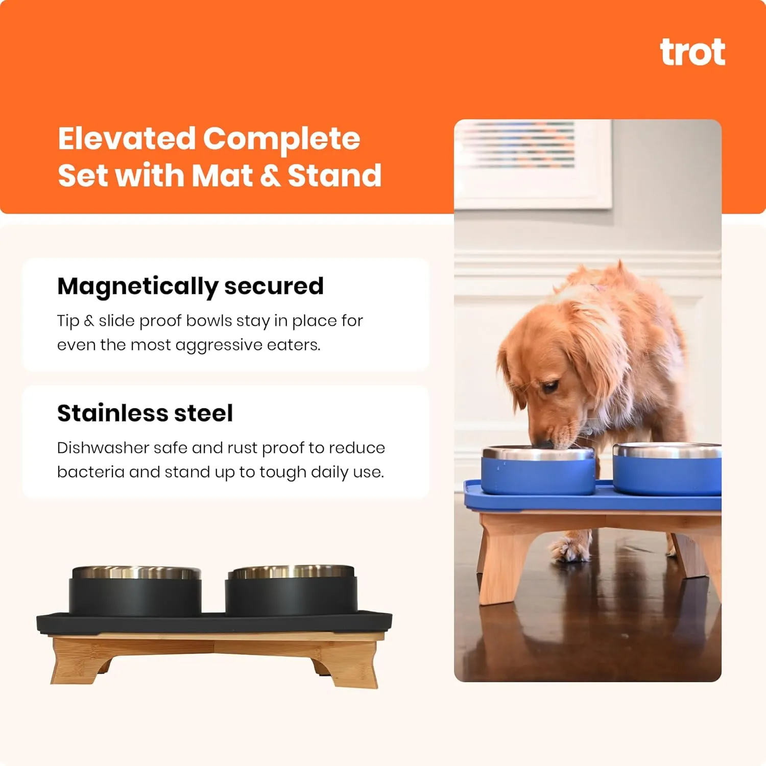 Trot Pets Elevated Dog Bowls | Stainless Steel Raised Bowl Set for Small, Medium, or Large Dogs | Non-Slip Food and Water Slow Feeder | Durable, BPA-Free, Anti-Skid, Dishwasher Safe (Sky, Medium)