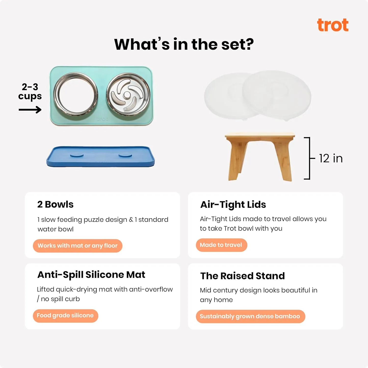Trot Pets Elevated Dog Bowls | Stainless Steel Raised Bowl Set for Small, Medium, or Large Dogs | Non-Slip Food and Water Slow Feeder | Durable, BPA-Free, Anti-Skid, Dishwasher Safe (Sky, Medium)