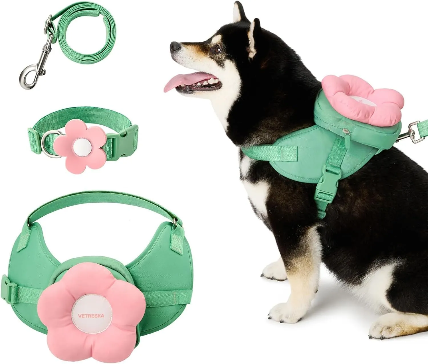 VETRESKA Flora Dog Harness, Leash and Collar Set, No Pull Dog Vest Harness for Walking and Training, Adjustable, Easy Control and Soft Padded Pet Harness and Backpack for Small Medium Large Dogs, XS