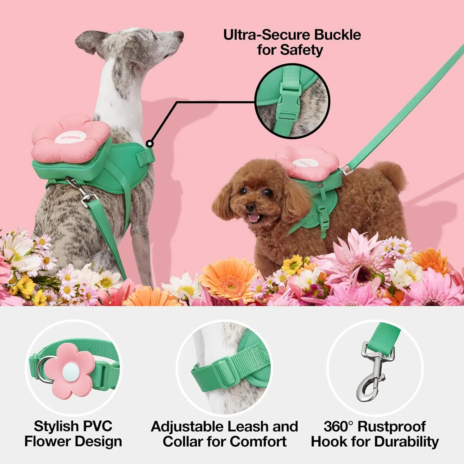 VETRESKA Flora Dog Harness, Leash and Collar Set, No Pull Dog Vest Harness for Walking and Training, Adjustable, Easy Control and Soft Padded Pet Harness and Backpack for Small Medium Large Dogs, XS