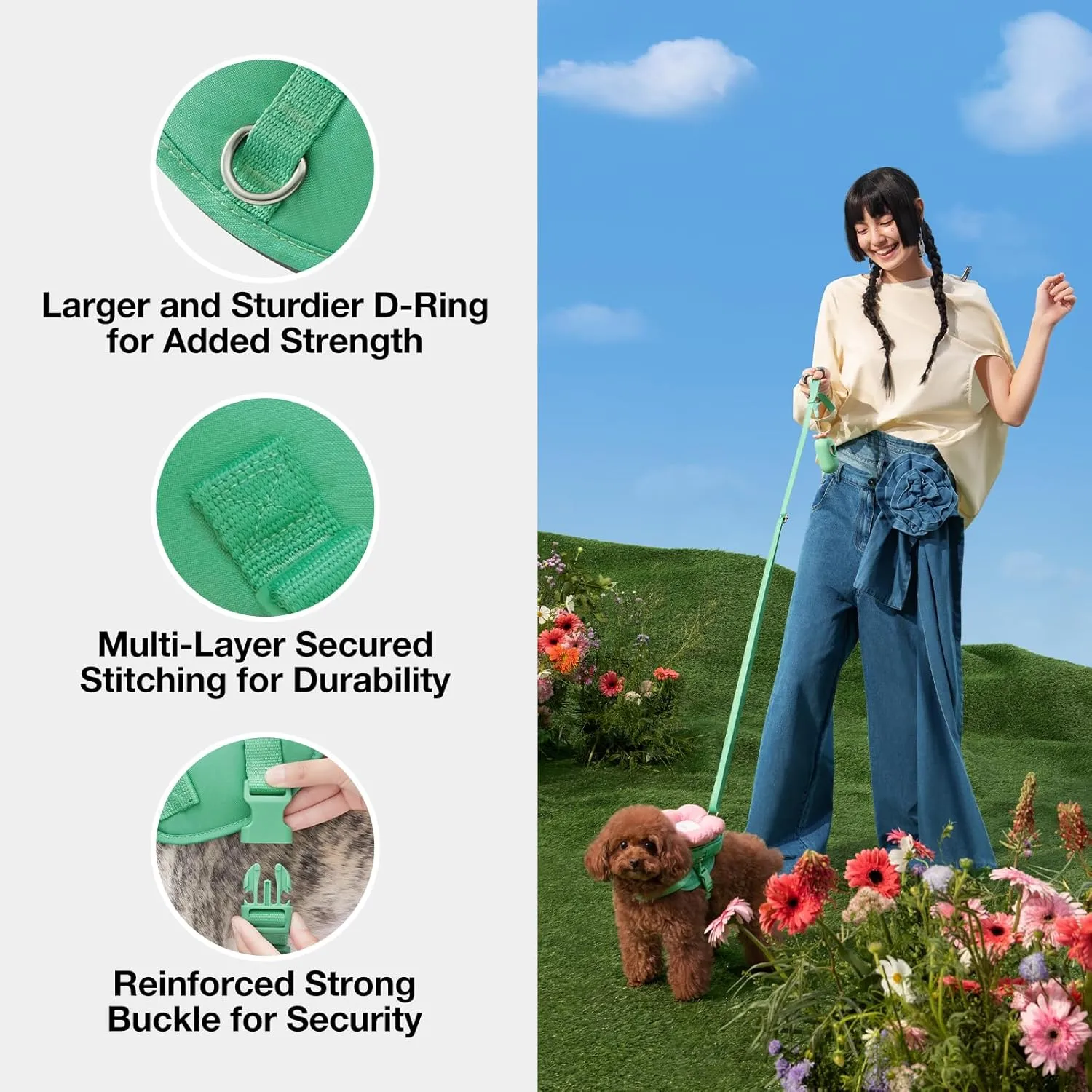 VETRESKA Flora Dog Harness, Leash and Collar Set, No Pull Dog Vest Harness for Walking and Training, Adjustable, Easy Control and Soft Padded Pet Harness and Backpack for Small Medium Large Dogs, XS