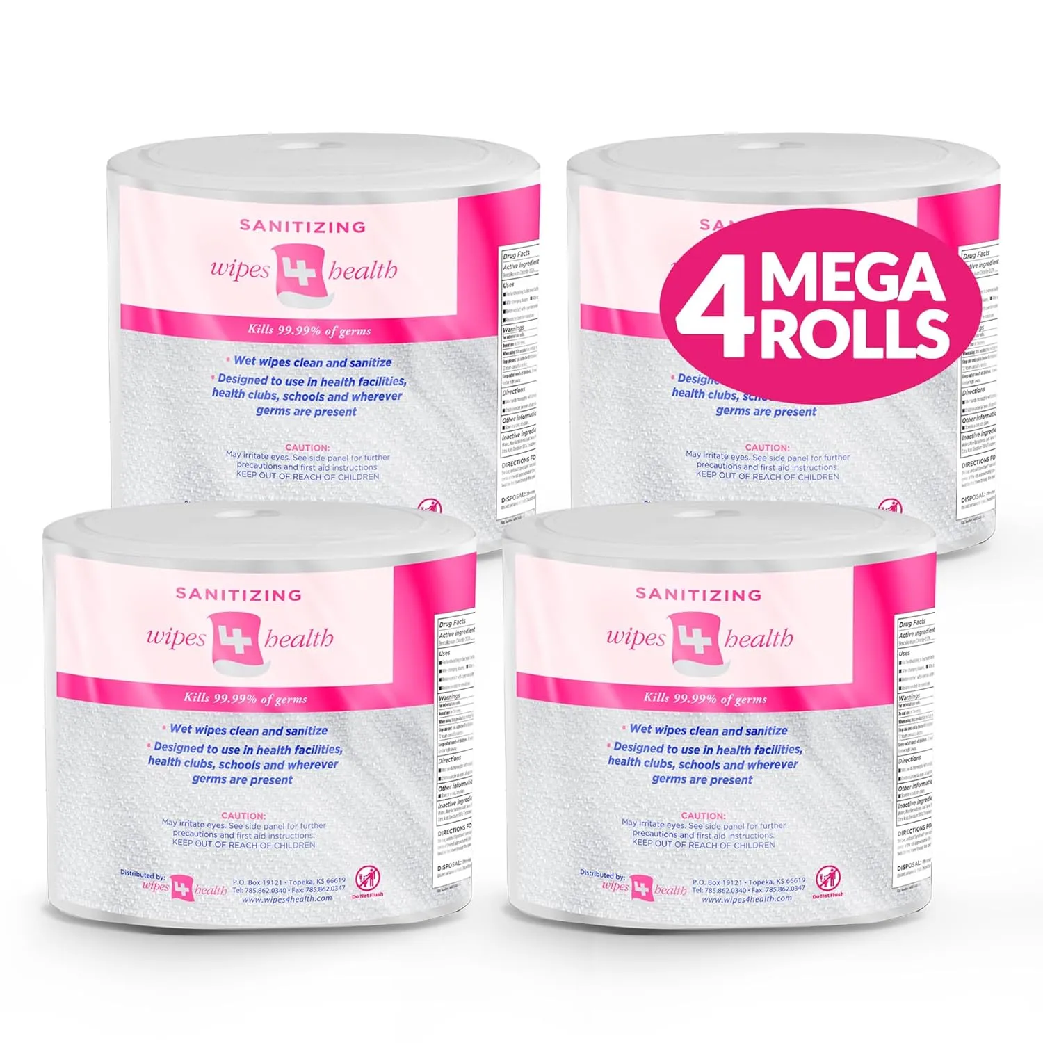 Wipes4Health Sanitizing Wipes: 4000 Unscented Wet Wipes (8" x 6"): 4 Refill Mega Rolls for Floor Stand, Wall Mounted and Bucket Dispensers - For Gyms, Fitness Clubs, Schools, Commercial Facilities